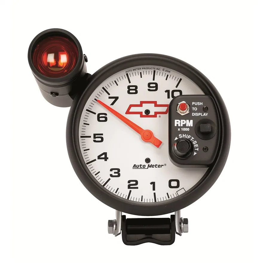 GAUGE; TACH; 5in.; 10K RPM; PEDESTAL W/EXT. SHIFT-LITE; CHEVY RED BOWTIE; WHITE