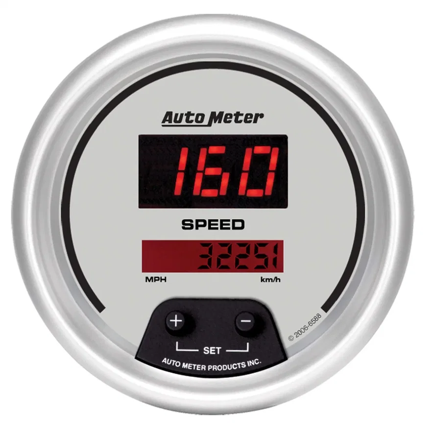 GAUGE; SPEEDO; 3 3/8in.; 260MPH/260KM/H; ELEC PROGRAM; DIGITAL; SLVR W/RED LED