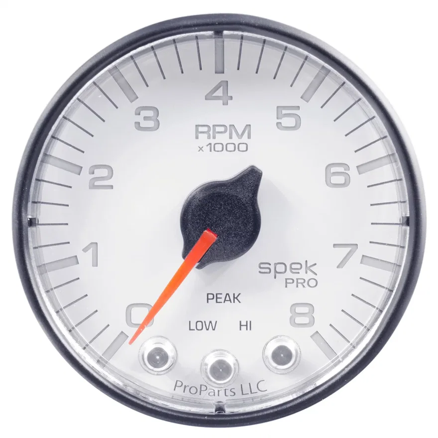 GAUGE; TACH; 2 1/16in.; 8K RPM; W/SHIFT LIGHT/PEAK MEM; WHT/BLK; SPEK-PRO