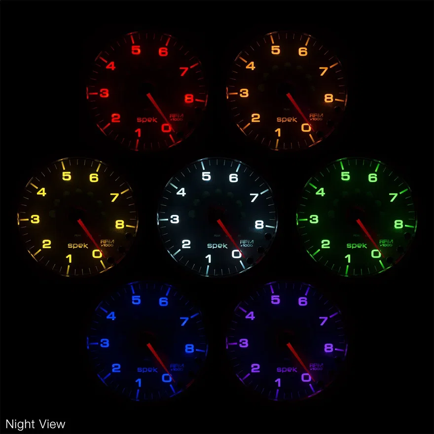 GAUGE; SPEEDOMETER; 5in.; 180 MPH; ELEC. PROGRAMMABLE; BLACK/SMOKE/BLACK; SPEK-P