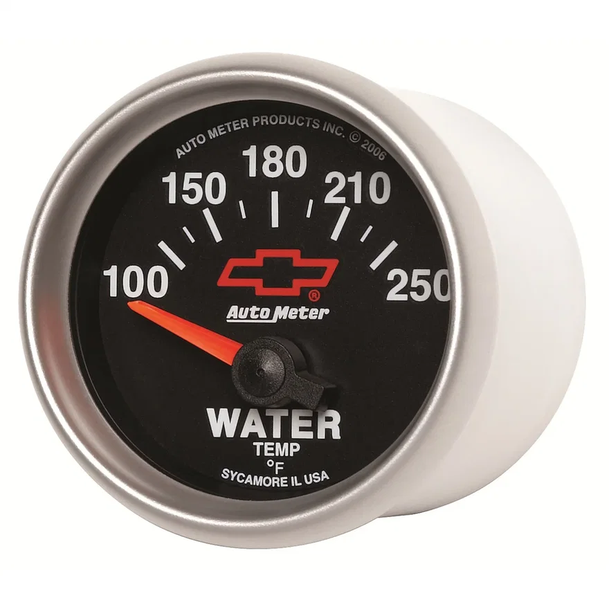 GAUGE; WATER TEMP; 2 1/16in.; 100-250deg.F; ELECTRIC; CHEVY RED BOWTIE; BLACK