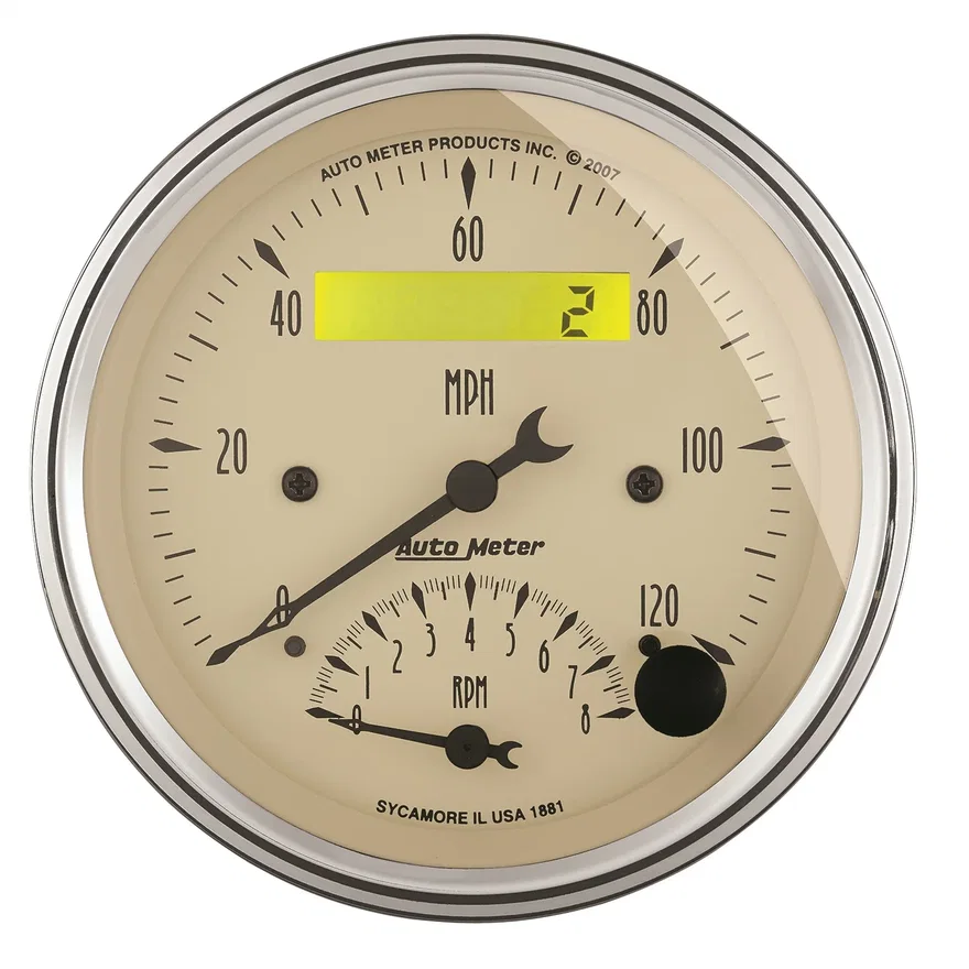 GAUGE; TACH/SPEEDO; 3 3/8in.; 120MPH/8K RPM; ELEC. PROGRAM.; ANTQ BEIGE