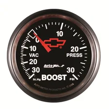 GAUGE; VAC/BOOST; 2 1/16in.; 30INHG-30PSI; MECHANICAL; CHEVY RED BOWTIE; BLACK image 3