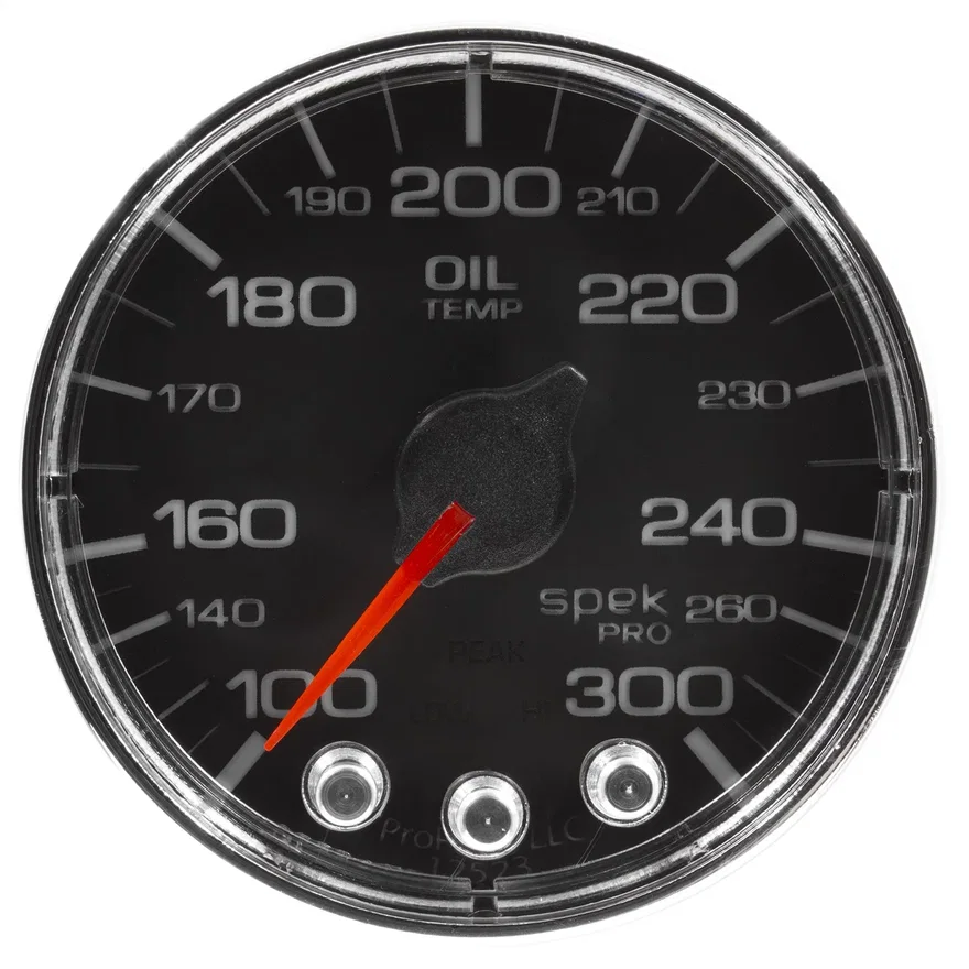GAUGE; OIL TEMP; 2 1/16in.; 300deg.F; STEPPER MOTOR W/PEAK/WARN; BLK/CHRM; SPEK-