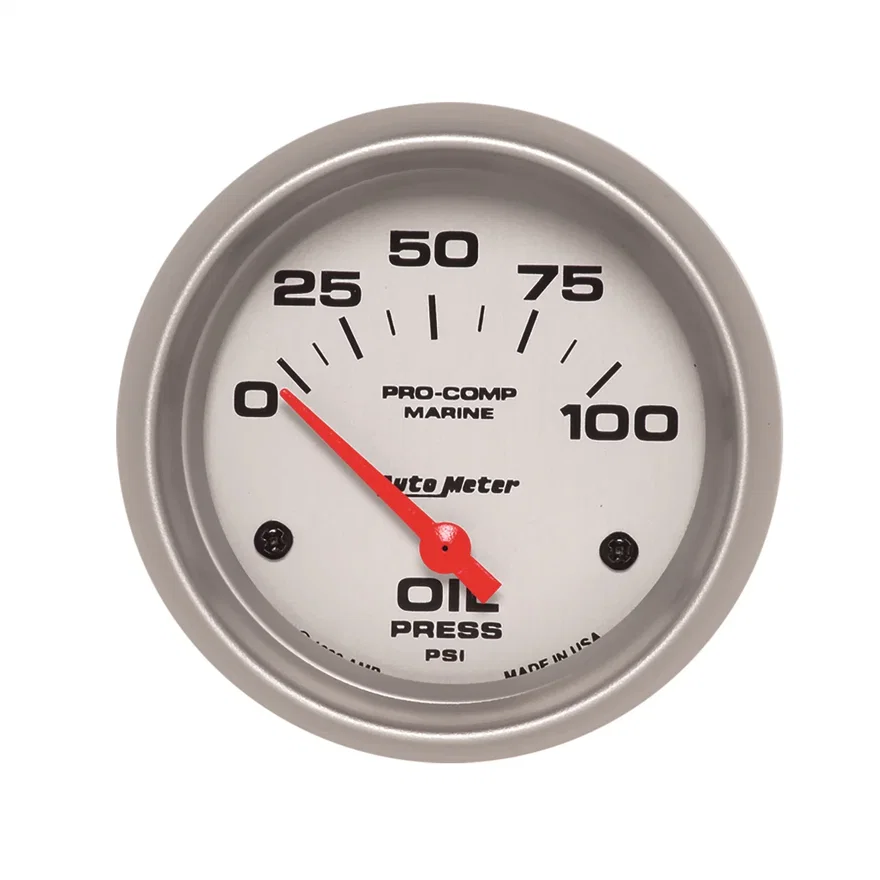 GAUGE; OIL PRESSURE; 2 5/8in.; 100PSI; ELECTRIC; MARINE SILVER