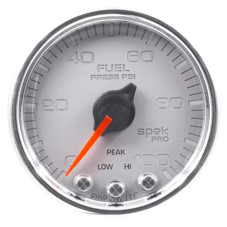 GAUGE; FUEL PRESS; 2 1/16in.; 100PSI; STEPPER MOTOR W/PEAK/WARN; SLVR/CHRM; SPEK
