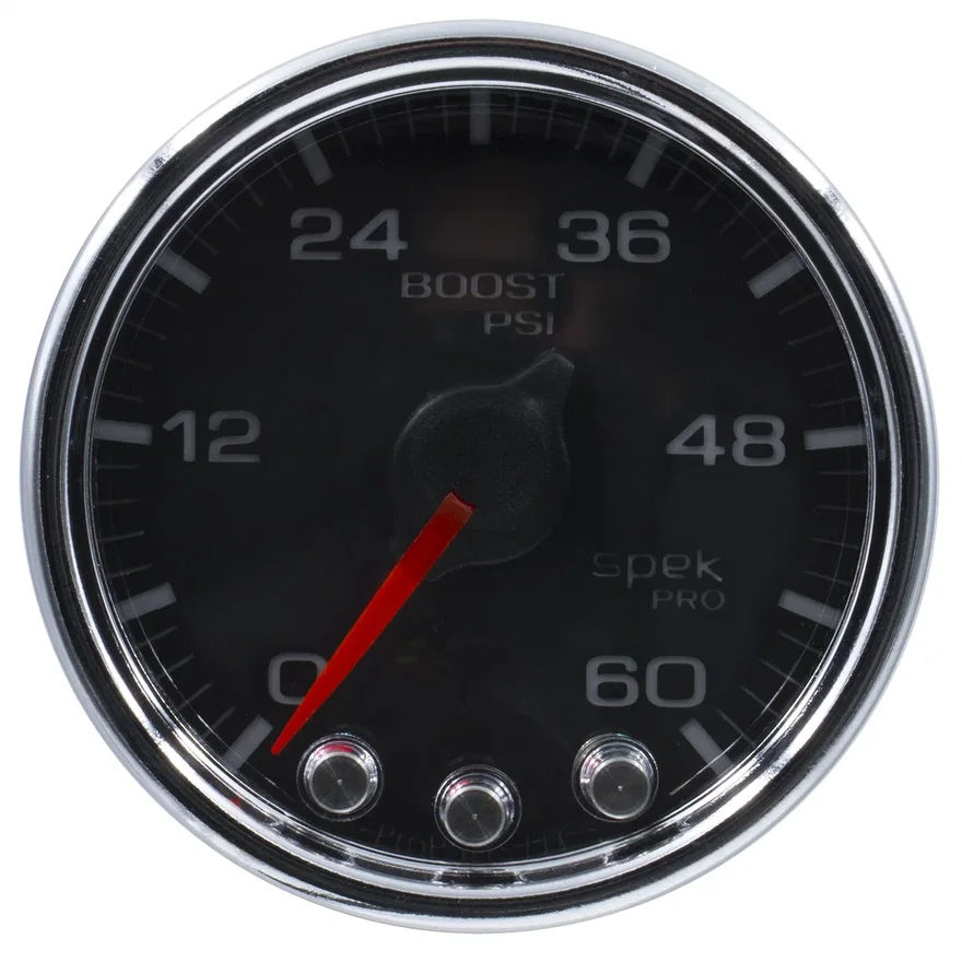 GAUGE; BOOST; 2 1/16in.; 60PSI; STEPPER MOTOR W/PEAK/WARN; BLK/CHRM; SPEK-PRO