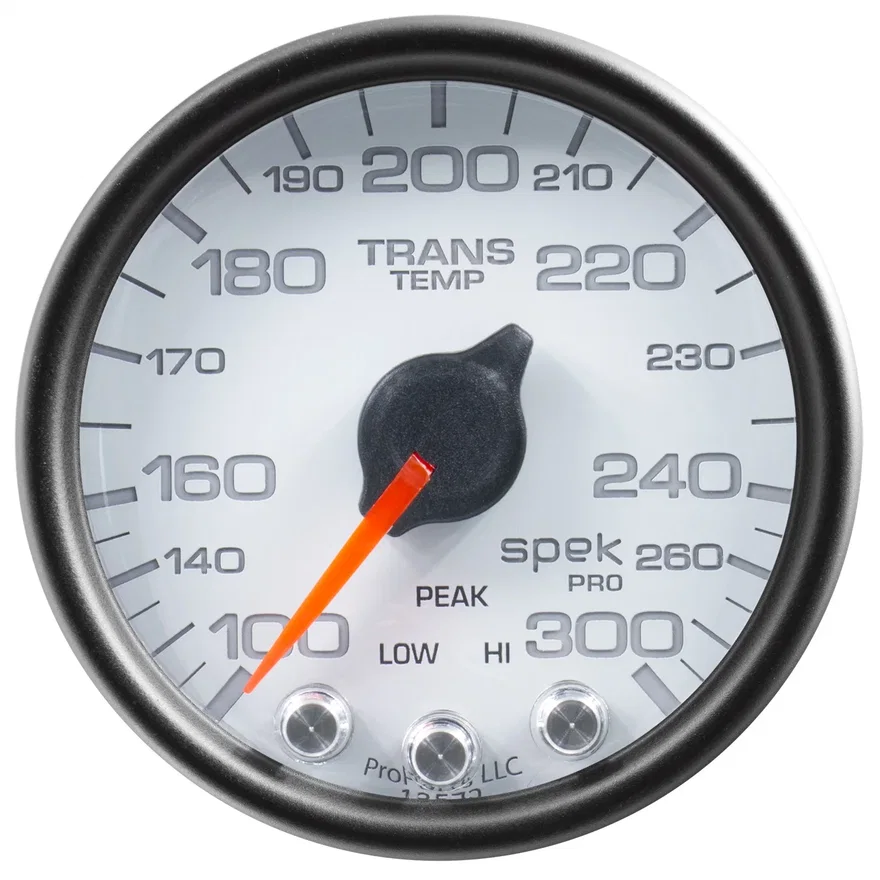 GAUGE; TRANS TEMP; 2 1/16in.; 300deg.F; STEPPER MOTOR W/PEAK/WRN; WHT/BLK; SPEK-