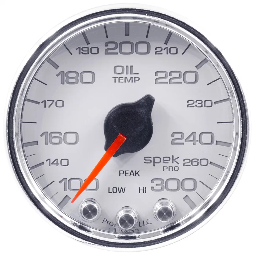 GAUGE; OIL TEMP; 2 1/16in.; 300deg.F; STEPPER MOTOR W/PEAK/WARN; WHT/CHRM; SPEK-