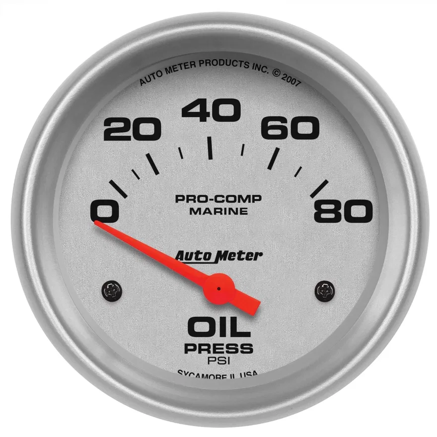 GAUGE; OIL PRESSURE; 2 5/8in.; 80PSI; ELECTRIC; MARINE SILVER