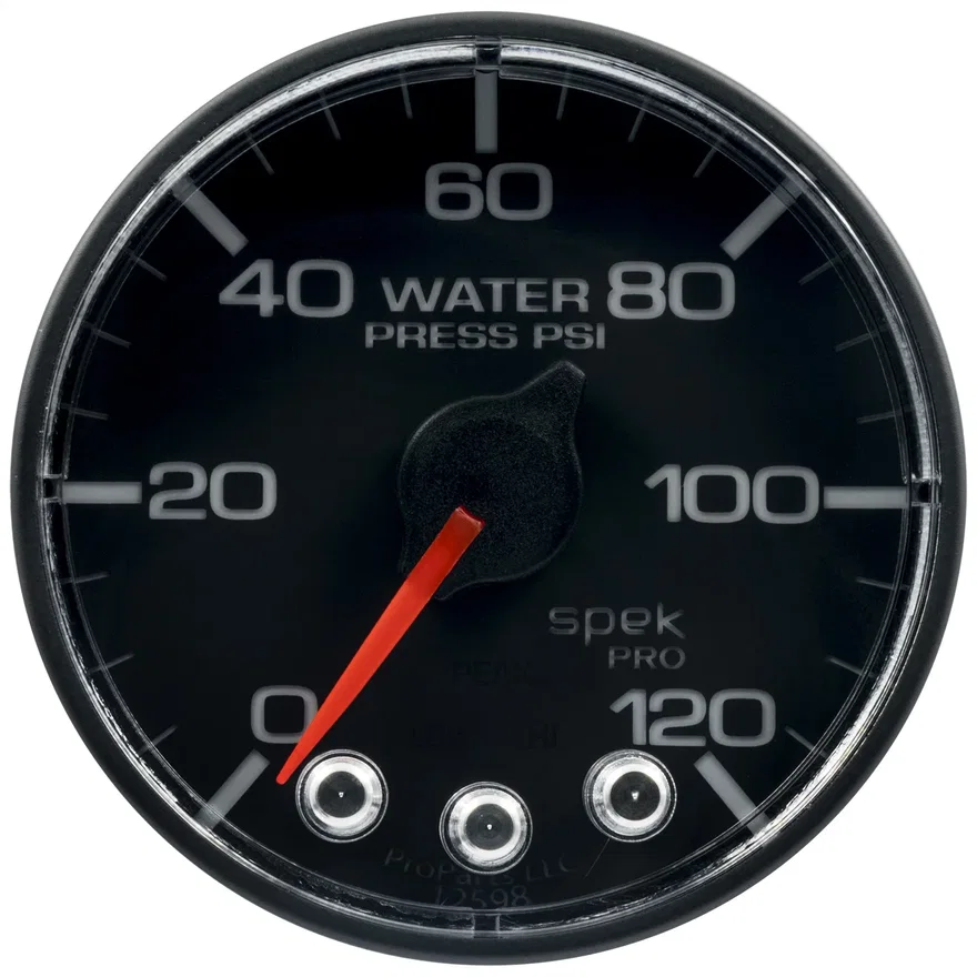 GAUGE; WATER PRESS; 2 1/16in.; 120PSI; STEPPER MOTOR W/PEAK/WARN; BLK/BLK; SPEK