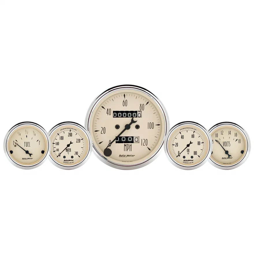 GAUGE KIT; 5 PC.; 3 1/8in./2 1/16in.; MECH. SPEEDO.; WTMP/OILP; ANTQ BEIGE