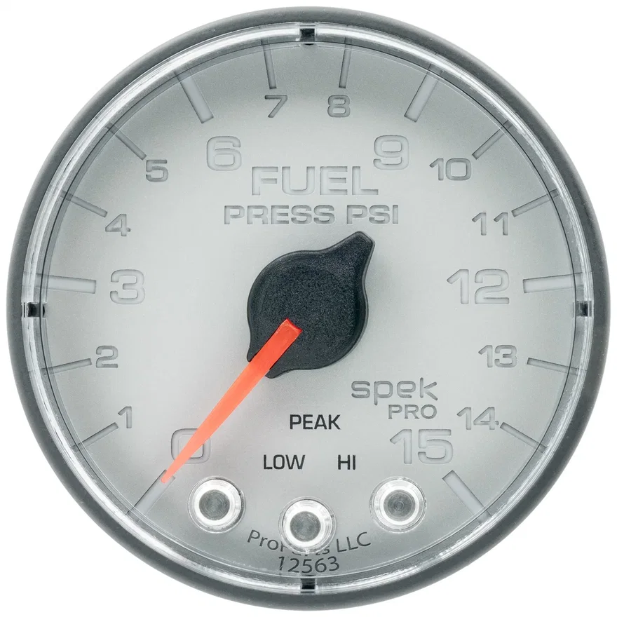 GAUGE; FUEL PRESS; 2 1/16in.; 15PSI; STEPPER MOTOR W/PEAK/WARN; SLVR/BLK; SPEK