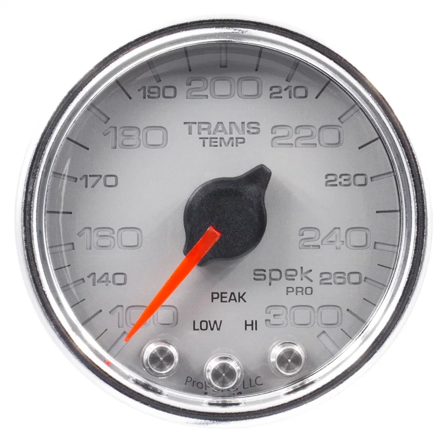 GAUGE; TRANS TEMP; 2 1/16in.; 300deg.F; STEPPER MOTOR W/PK/WRN; SLVR/CHRM; SPEK-
