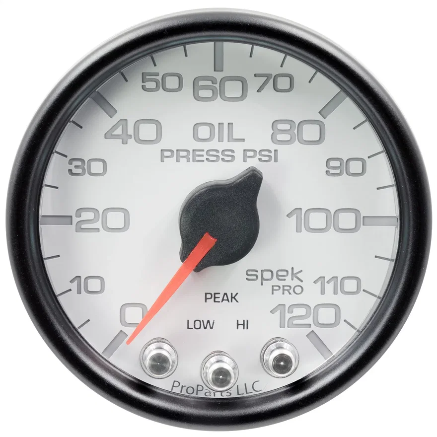 GAUGE; OIL PRESS; 2 1/16in.; 120PSI; STEPPER MOTOR W/PEAK/WARN; WHT/BLK; SPEK