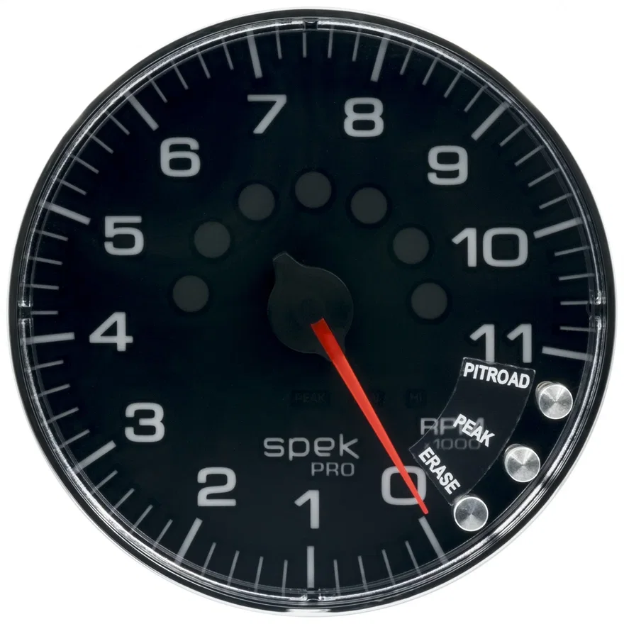 GAUGE; TACHOMETER; 5in.; 11K RPM; W/SHIFT LIGHT/PEAK MEM; BLACK/CHROME; SPEK-PRO