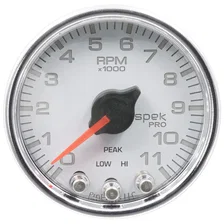 GAUGE; TACH; 2 1/16in.; 11K RPM; W/SHIFT LIGHT/PEAK MEM; WHT/CHRM; SPEK-PRO image 1