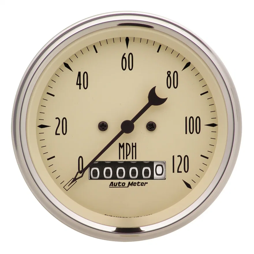 GAUGE; SPEEDO.; 3 3/8in.; 120MPH; ELEC. PROG. W/WHEEL ODO; ANTQ BEIGE