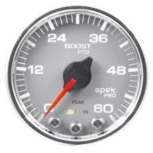 GAUGE; BOOST; 2 1/16in.; 60PSI; STEPPER MOTOR W/PEAK/WARN; SLVR/CHRM; SPEK-PRO image 2