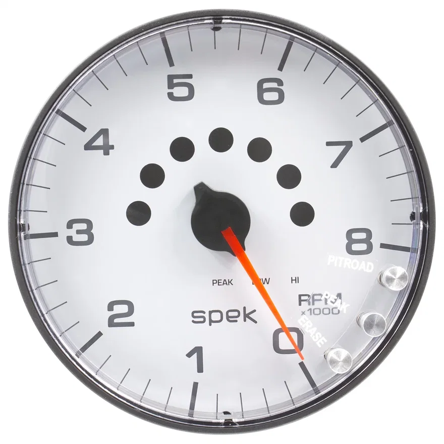 GAUGE; TACHOMETER; 5in.; 8K RPM; W/SHIFT LIGHT/PEAK MEM; WHITE/BLACK; SPEK-PRO