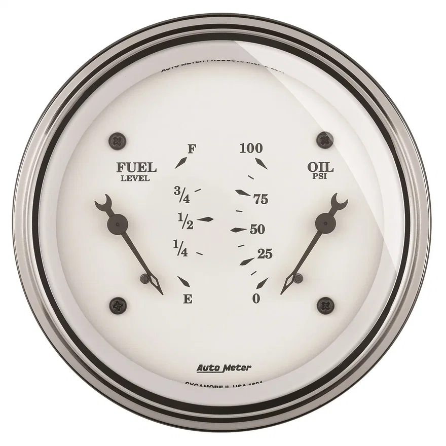 GAUGE; DUAL; FUEL/OILP; 3 3/8in.; 240OE-33OF/100PSI; ELEC; OLD TYME WHT