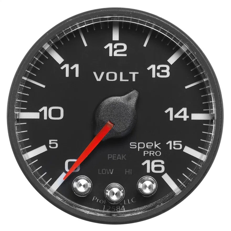 GAUGE; VOLTMETER; 2 1/16in.; 16V; STEPPER MOTOR W/PEAK/WARN; BLK/BLK; SPEK-PRO