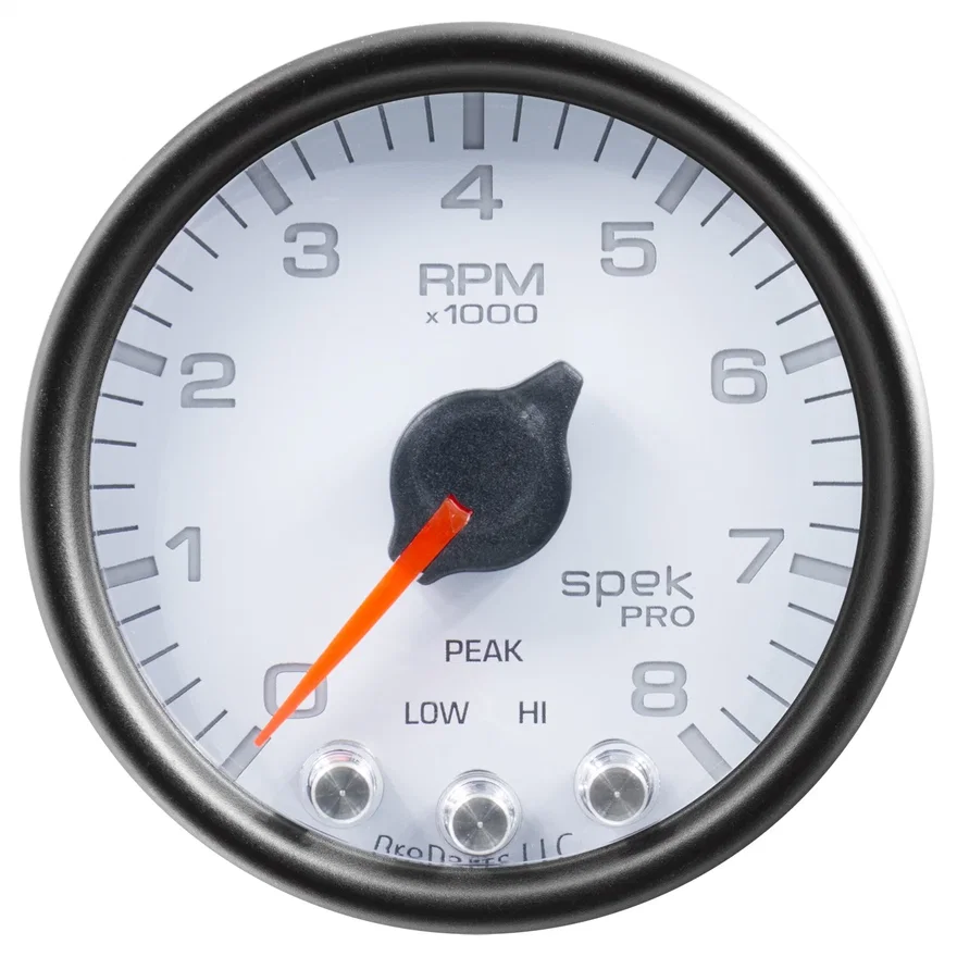 GAUGE; TACH; 2 1/16in.; 8K RPM; W/SHIFT LIGHT/PEAK MEM; WHT/BLK; SPEK-PRO