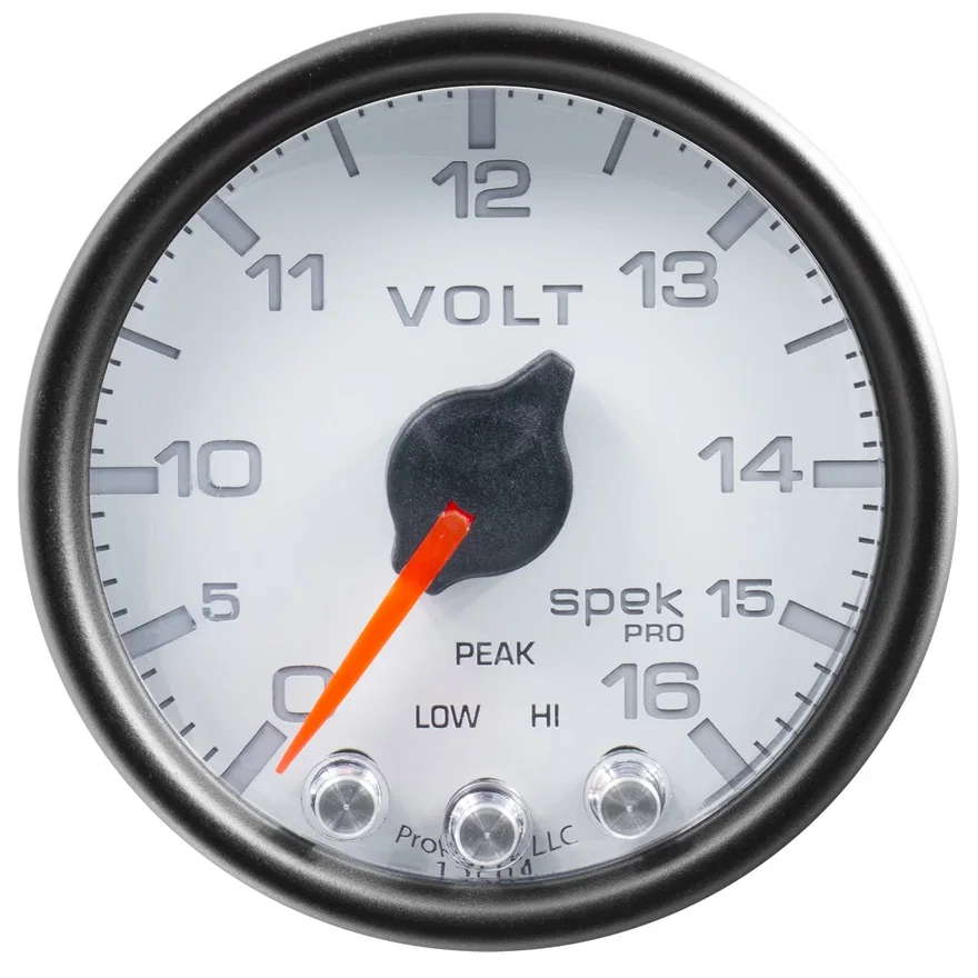 GAUGE; VOLTMETER; 2 1/16in.; 16V; STEPPER MOTOR W/PEAK/WARN; WHT/BLK; SPEK-PRO