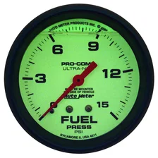 GAUGE; FUEL PRESS; 2 5/8in.; 15PSI; LIQUID FILLED MECH; GLOW IN DARK; ULTRA-NITE image 2