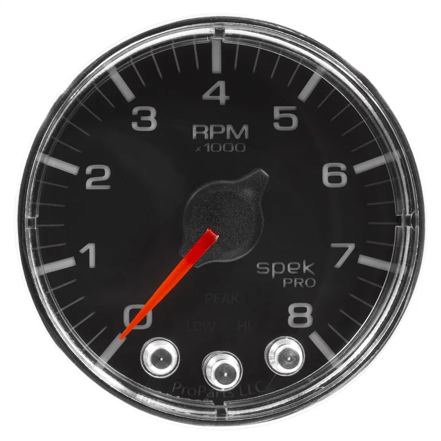 GAUGE; TACH; 2 1/16in.; 8K RPM; W/SHIFT LIGHT/PEAK MEM; BLK/CHRM; SPEK-PRO