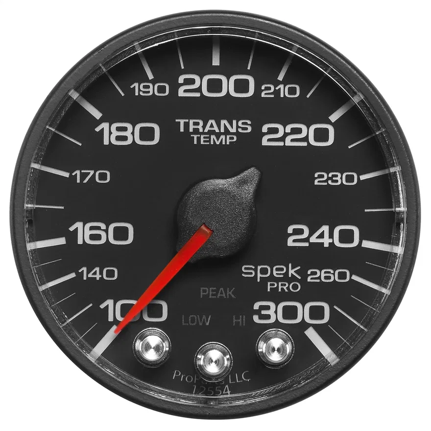 GAUGE; TRANS TEMP; 2 1/16in.; 300deg.F; STEPPER MOTOR W/PEAK/WRN; BLK/BLK; SPEK-
