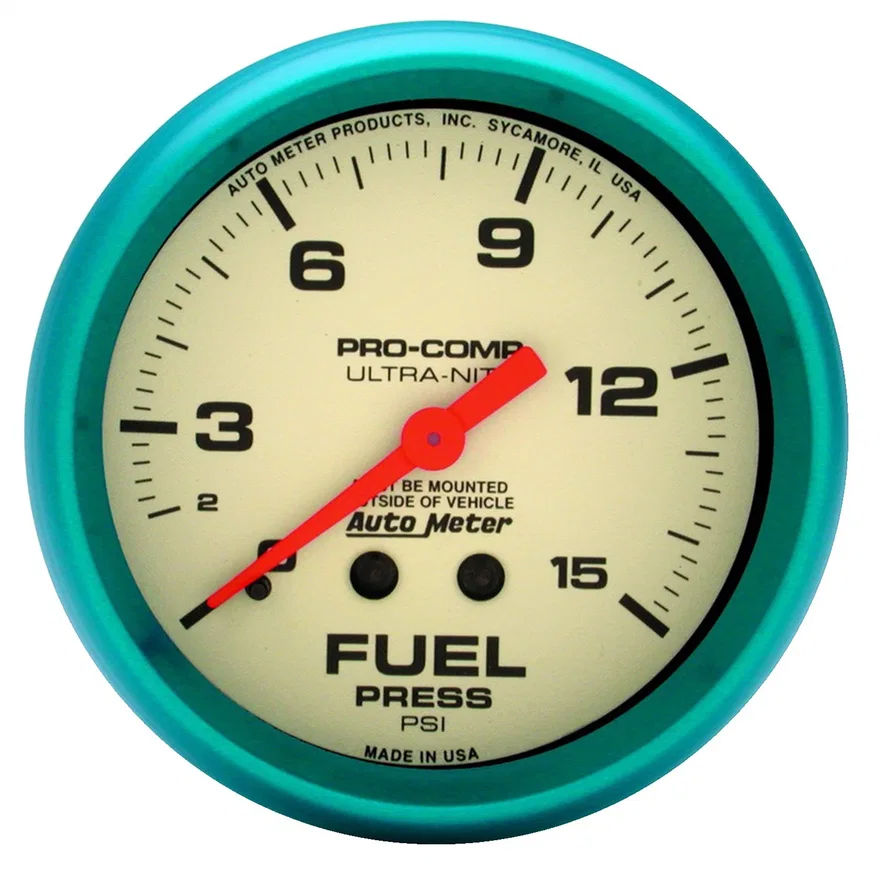 GAUGE; FUEL PRESS; 2 5/8in.; 15PSI; MECH.; GLOW IN THE DARK; ULTRA-NITE
