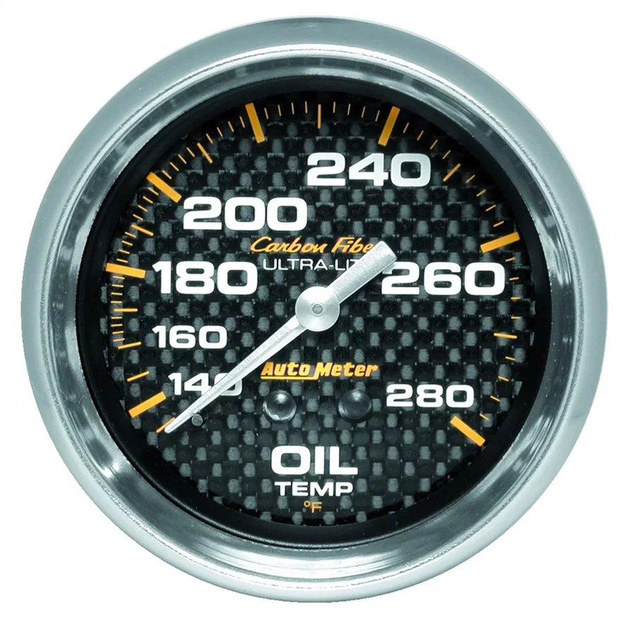 GAUGE; OIL TEMP; 2 5/8in.; 140-280deg.F; MECHANICAL; CARBON FIBER