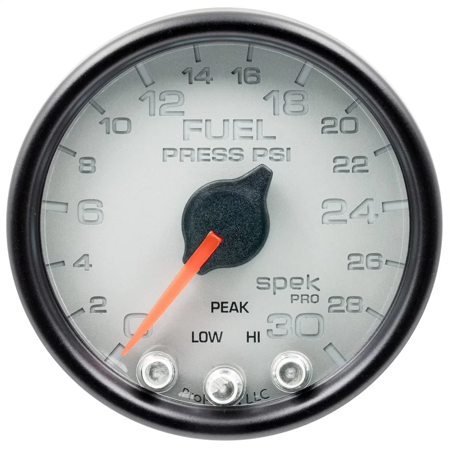 GAUGE; FUEL PRESS; 2 1/16in.; 30PSI; STEPPER MOTOR W/PEAK/WARN; SLVR/BLK; SPEK
