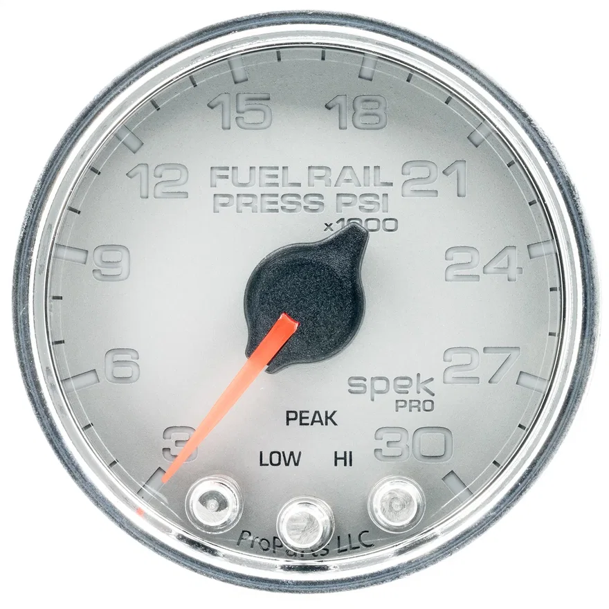 GAUGE; RAIL PRESS; 2 1/16in.; 30KPSI; STEPPER MOTOR W/PEAK/WARN; SLVR/CHRM; SPEK