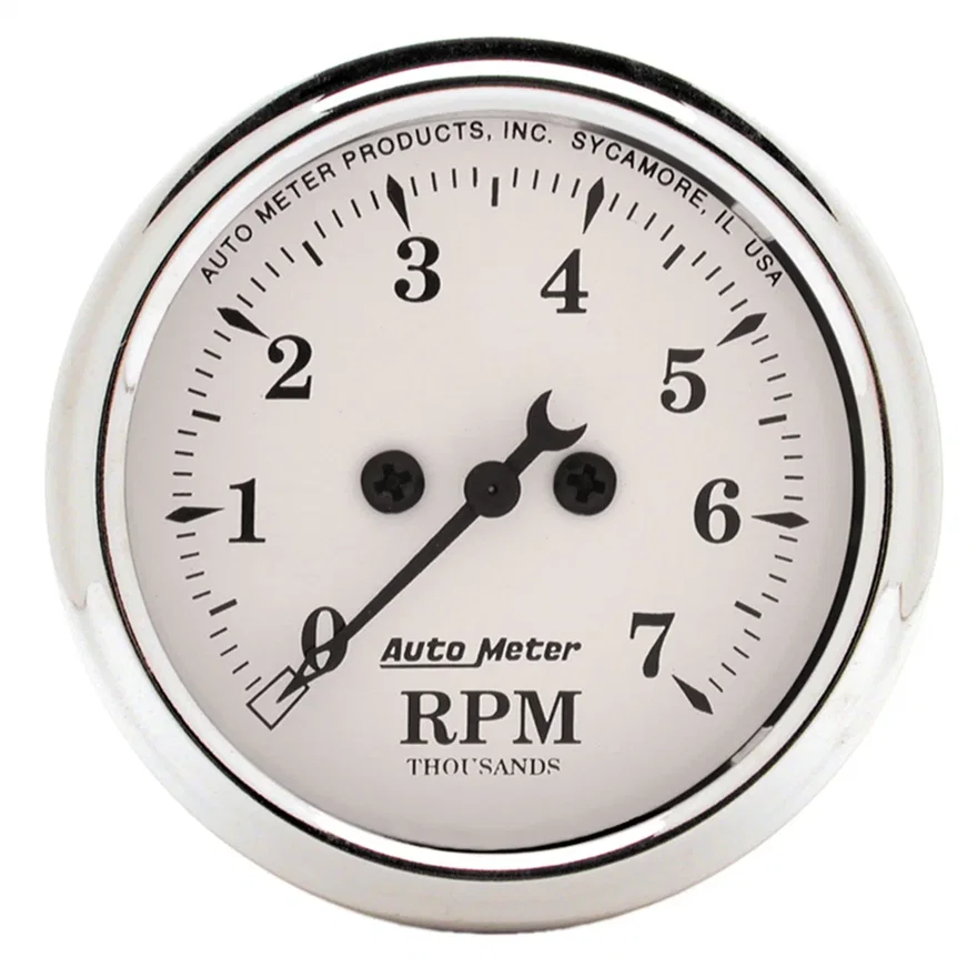 GAUGE; TACHOMETER; 2 1/16in.; 7K RPM; IN-DASH; OLD TYME WHITE