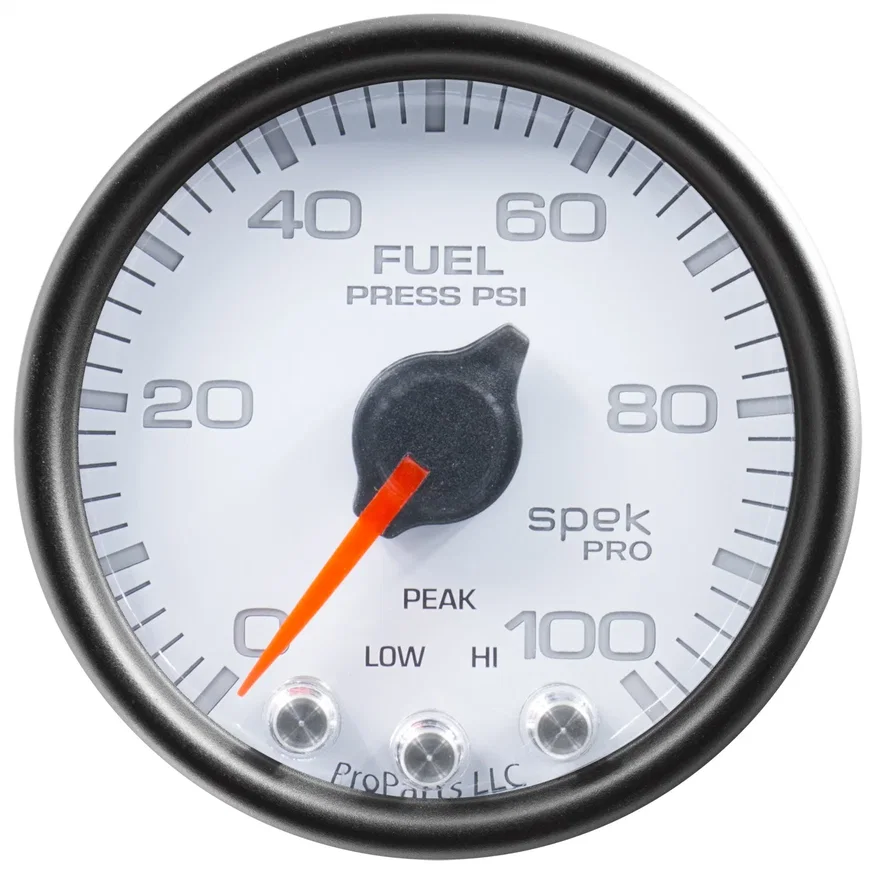 GAUGE; FUEL PRESS; 2 1/16in.; 100PSI; STEPPER MOTOR W/PEAK/WARN; WHT/BLK; SPEK