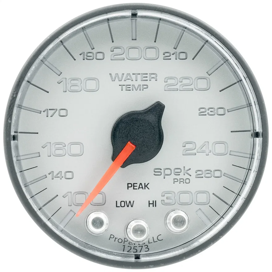 GAUGE; WATER TEMP; 2 1/16in.; 300deg.F; STEPPER MOTOR W/PEAK/WARN; SLVR/BLK; SPE