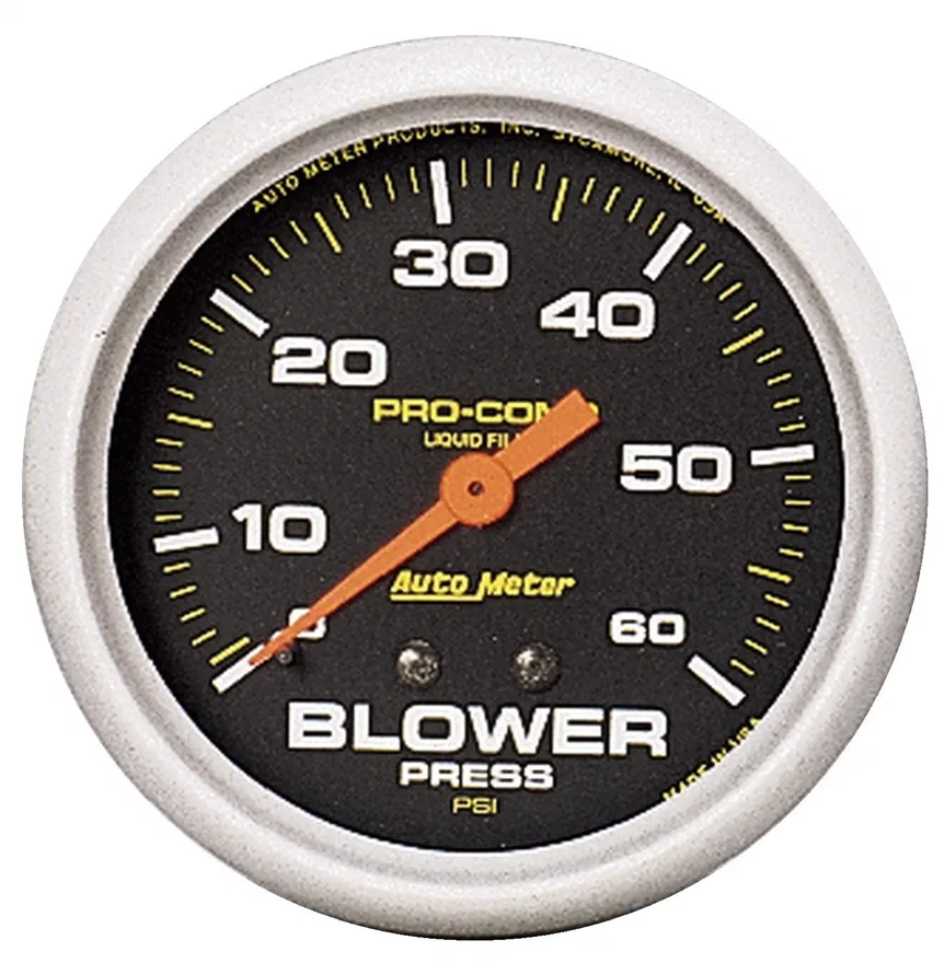 GAUGE; BLOWER PRESS; 2 5/8in.; 60PSI; LIQUID FILLED MECH W/PEAK MEM; PRO-COMP