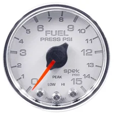 GAUGE; FUEL PRESS; 2 1/16in.; 15PSI; STEPPER MOTOR W/PEAK/WARN; WHT/CHRM; SPEK image 1