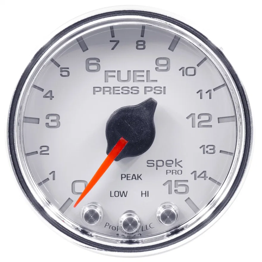 GAUGE; FUEL PRESS; 2 1/16in.; 15PSI; STEPPER MOTOR W/PEAK/WARN; WHT/CHRM; SPEK