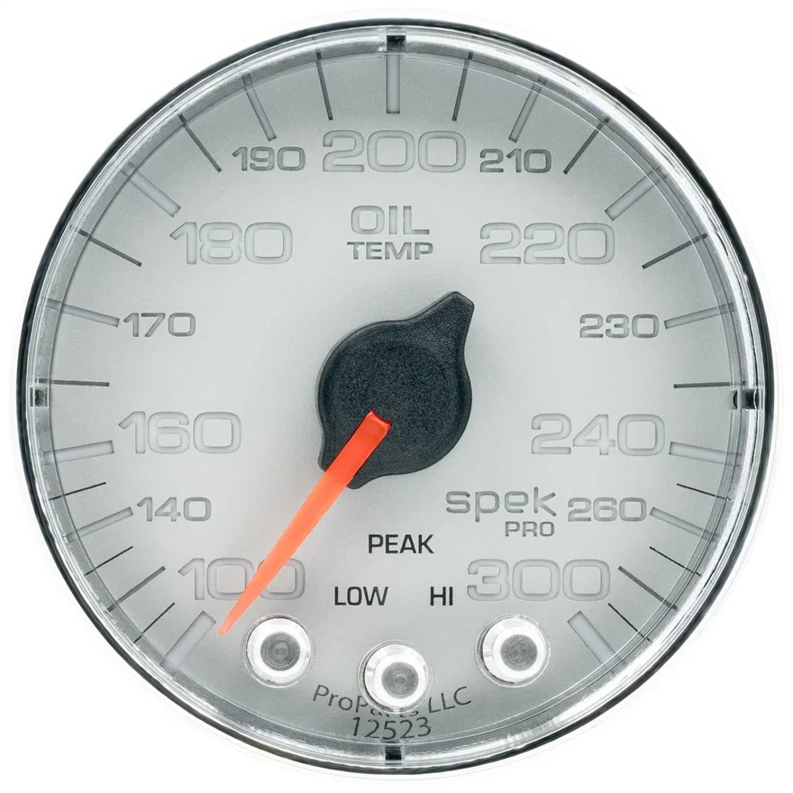 GAUGE; OIL TEMP; 2 1/16in.; 300deg.F; STEPPER MOTOR W/PK/WRN; SLVR/CHRM; SPEK-PR