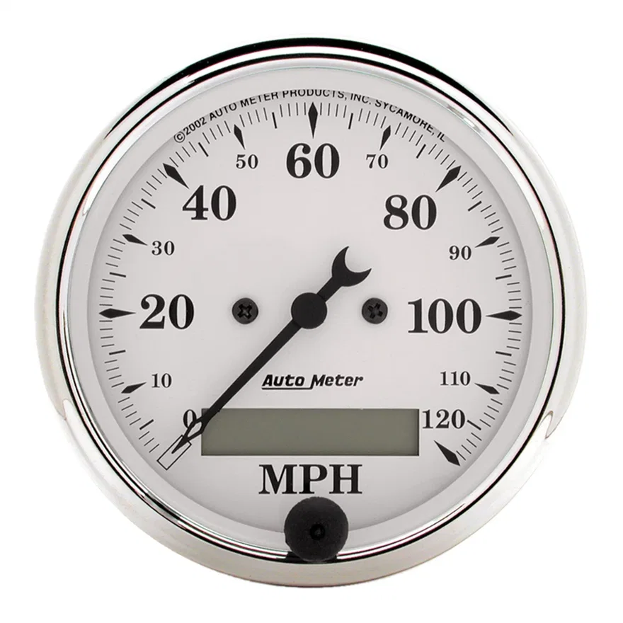 GAUGE; SPEEDO.; 3 1/8in.; 120MPH; ELEC. PROG. W/LCD ODO; OLD TYME WHITE