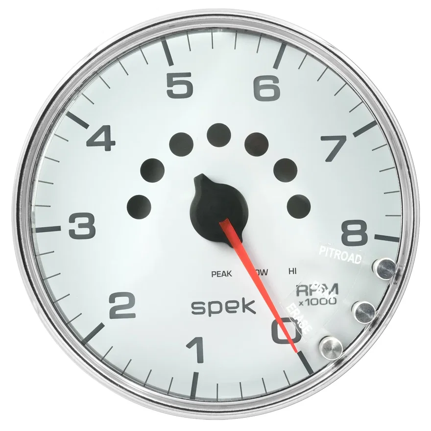 GAUGE; TACHOMETER; 5in.; 8K RPM; W/SHIFT LIGHT/PEAK MEM; WHITE/CHROME; SPEK-PRO