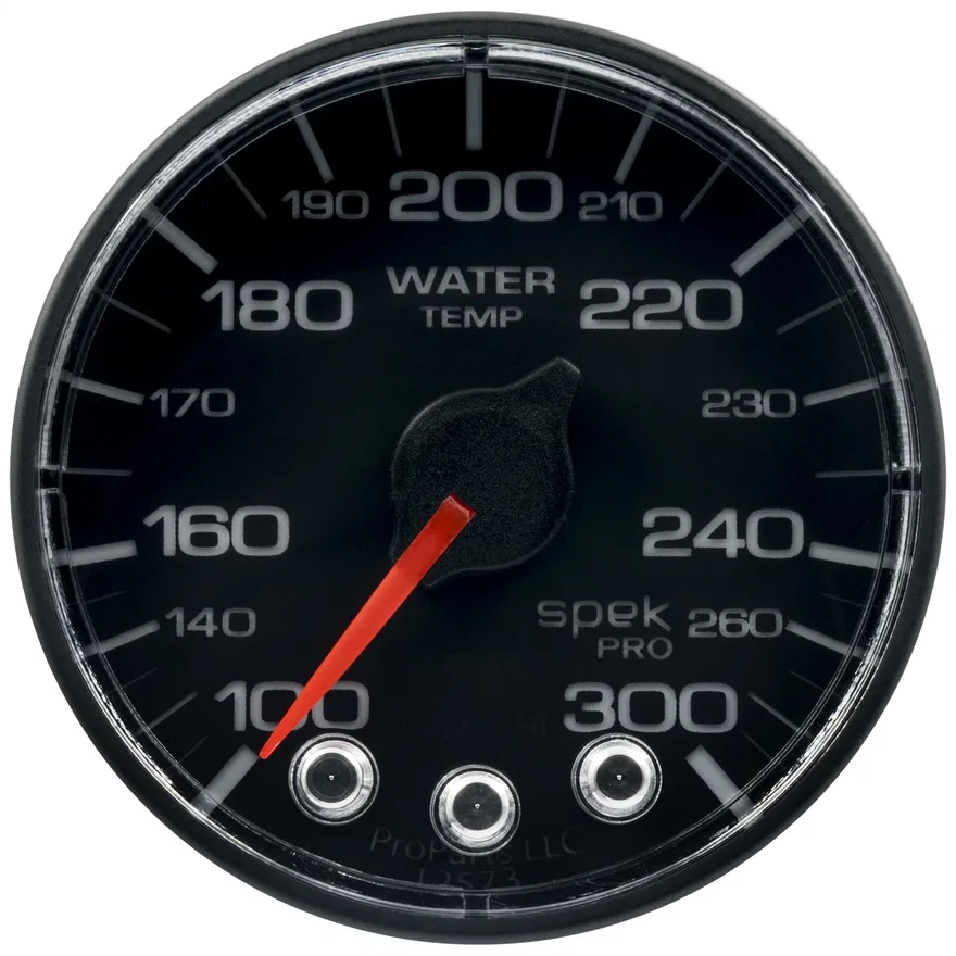 GAUGE; WATER TEMP; 2 1/16in.; 300deg.F; STEPPER MOTOR W/PEAK/WARN; BLK/BLK; SPEK