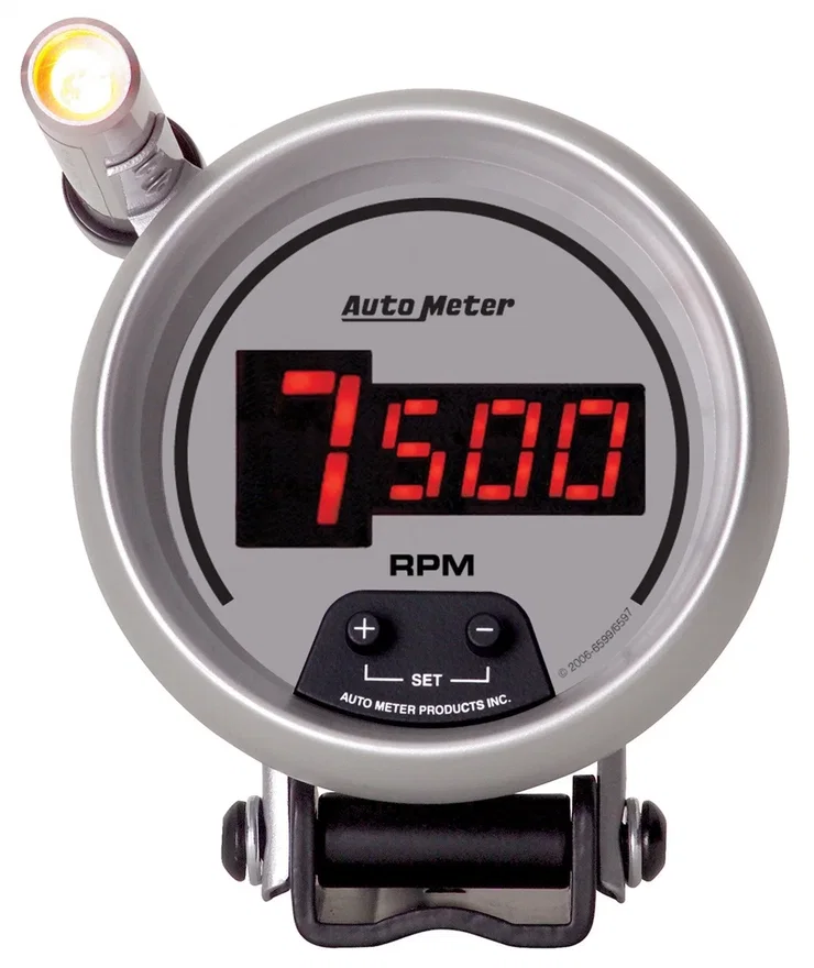 GAUGE; TACH; 3 3/4in.; 10K RPM; PEDESTAL W/QUICK-LITE; DIGITAL; SLVR W/RED LED