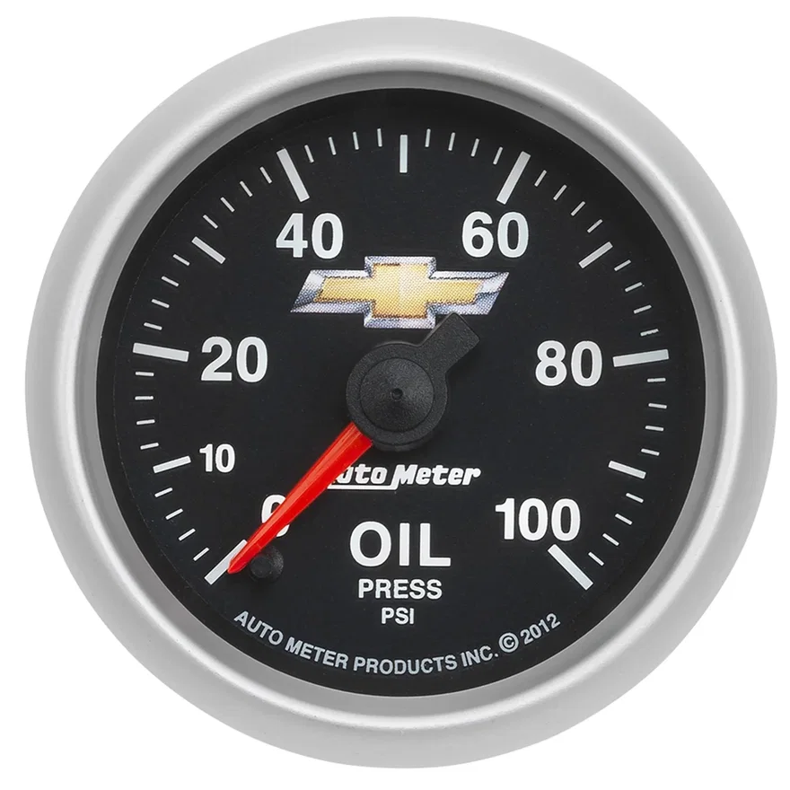 GAUGE; OIL PRESS; 2 1/16in.; 100PSI; DIGITAL STEPPER MOTOR; CHEVY GOLD BOWTIE