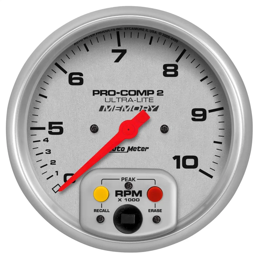 GAUGE; TACH; 5in.; 10K RPM; IN-DASH; DUAL RANGE W/PEAK MEMORY; ULTRA-LITE
