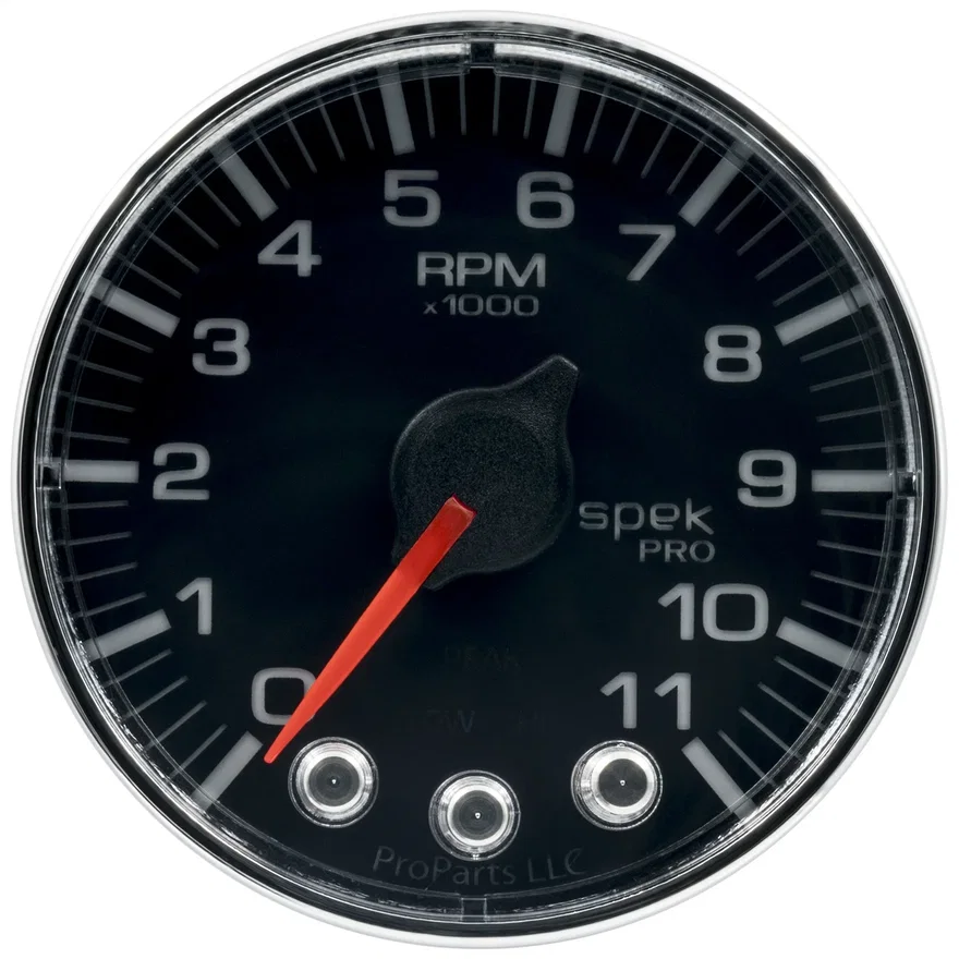 GAUGE; TACH; 2 1/16in.; 11K RPM; W/SHIFT LIGHT/PEAK MEM; BLK/CHRM; SPEK-PRO
