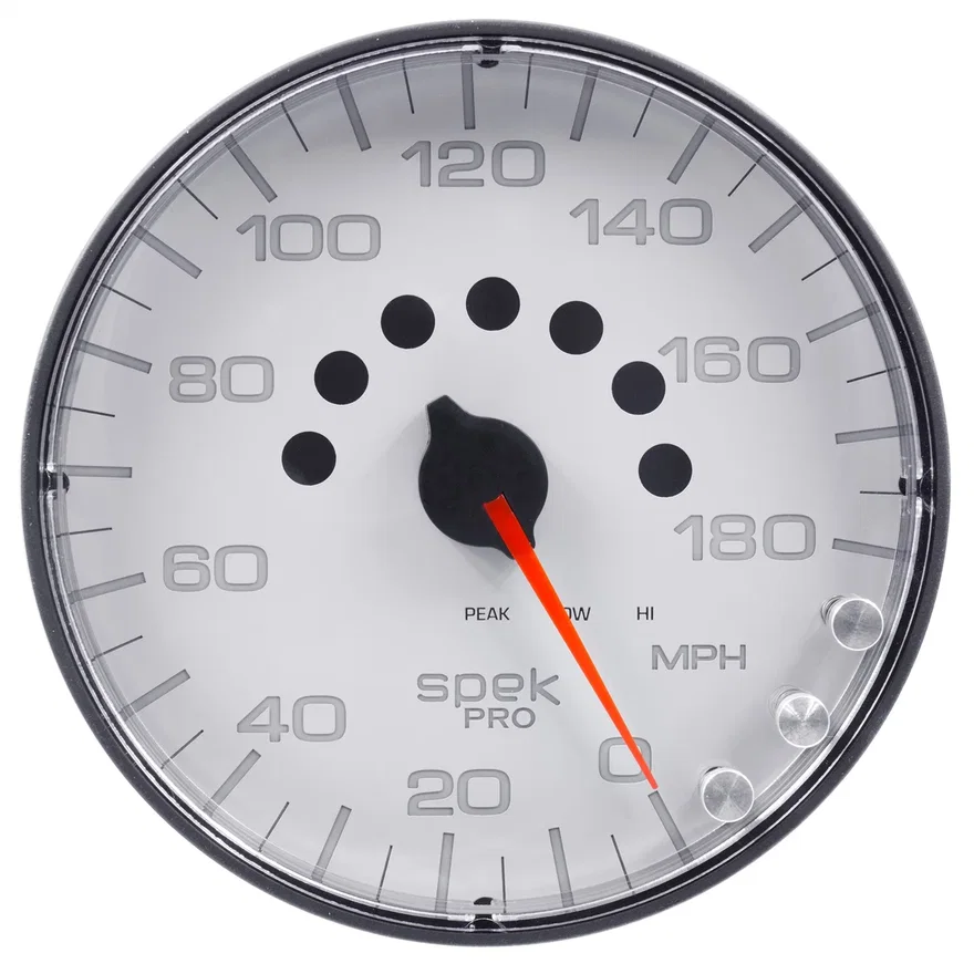 GAUGE; SPEEDOMETER; 5in.; 180 MPH; ELEC. PROGRAMMABLE; WHITE/BLACK; SPEK-PRO